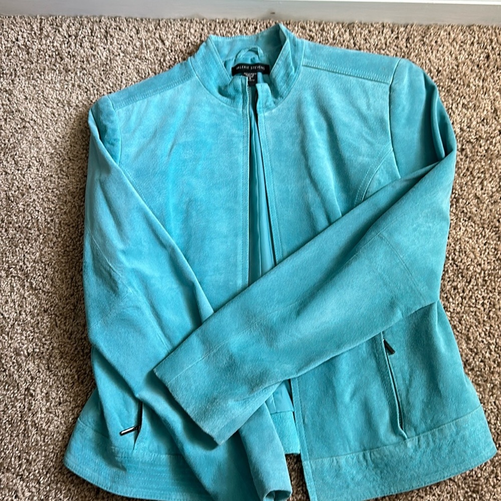 Teal leather jacket, used excellent condition